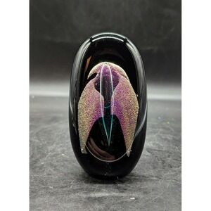 Schuster Black Gold Dichroic Lily Flower Art Glass Paperweight Oblong Signed